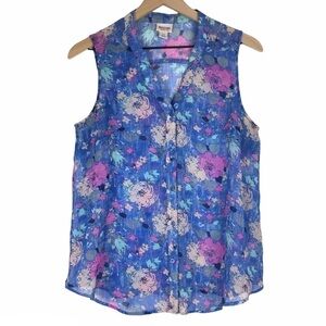 MOSSIMO Top Blouse Sleeveless Sheer Floral Button Up Mandarin Collar Size Large